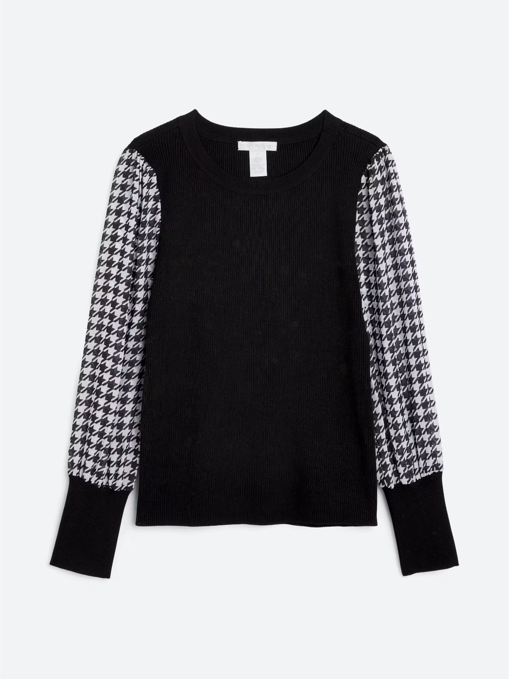 Black Sweater with Houndstooth Sheer Sleeves